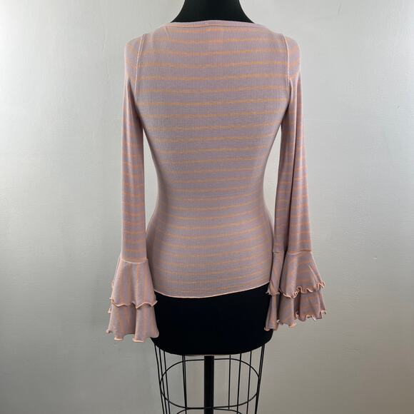 We The Free People Pink Orange Top Striped Ruffle Bell Sleeve Size X-Small XS - Picture 8 of 9